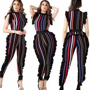 Two pieced Women Ruffled Jumpsuit, Ladies Sleeveless Striped